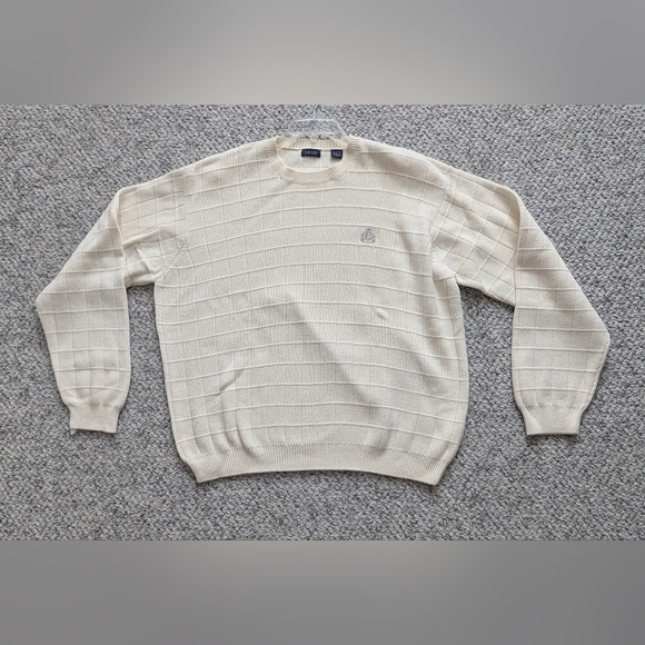 Izod Men's (Size L) Cream Cotton Crewneck Knit Sweater w/Textured Grid Design - Picture 1 of 15